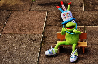 Kermit the Frog Plush Toy on Miniature Bench with Birthday Hat