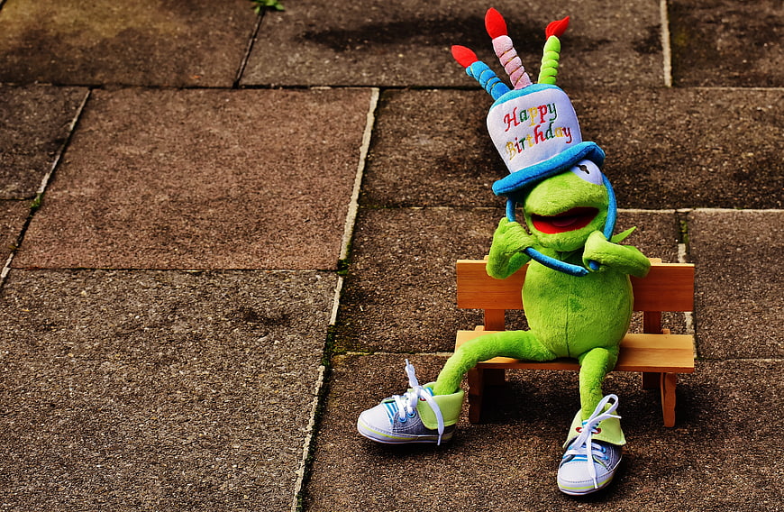 Kermit the Frog Plush Toy on Miniature Bench with Birthday Hat