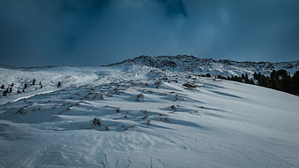Snowy Mountain Landscape with Pine Trees and Blue Sky