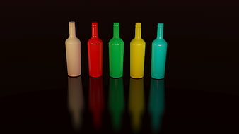 Colorful Bottles on Black Background with Reflection
