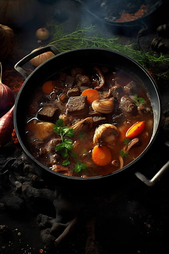 Steaming rustic beef stew in cast iron pot with carrots and herbs
