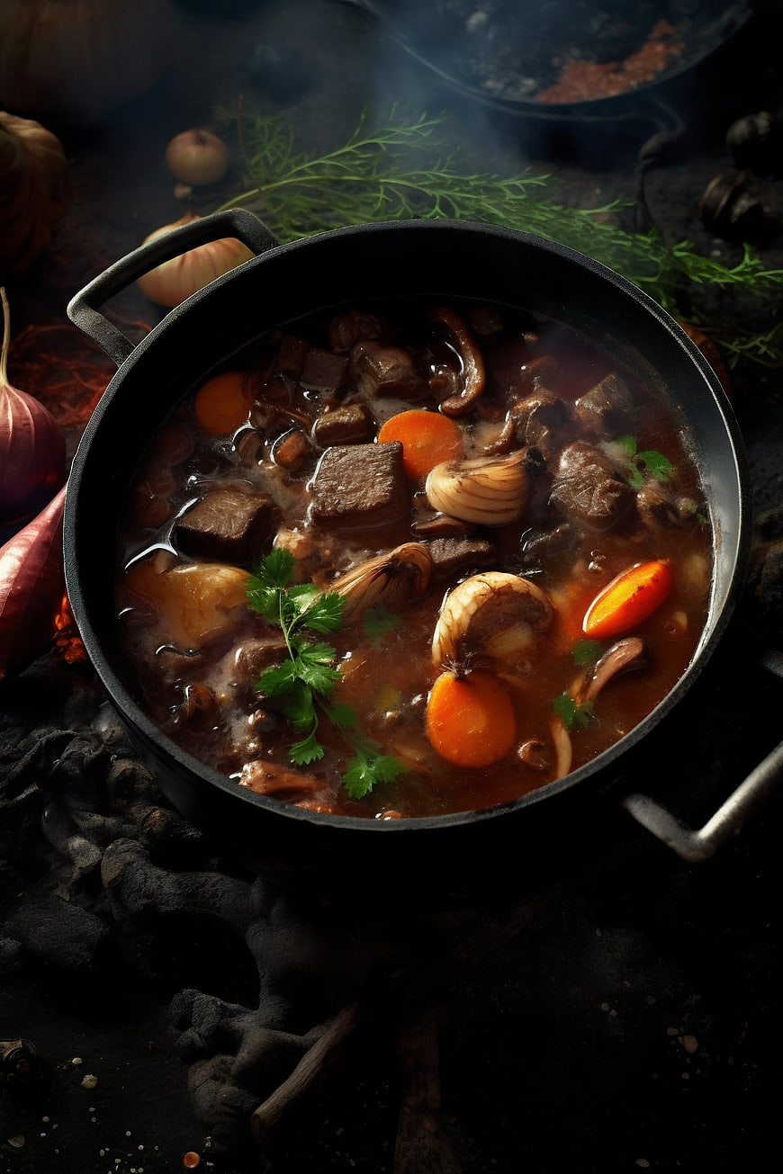 Steaming rustic beef stew in cast iron pot with carrots and herbs