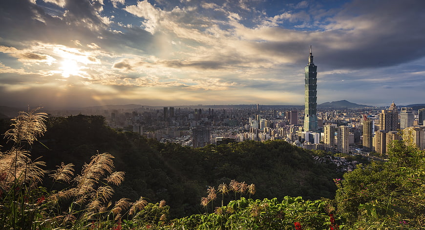Taipei 101 Skyline at Sunset with Foreground Grass