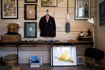 Vintage Clothing Store Display with Jacket and Art