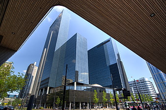 Rotterdam skyline skyscrapers viewed through wooden archway