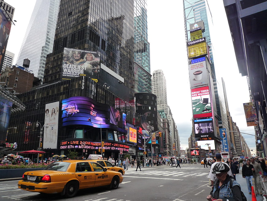 Times Square New York City Street Scene with Yellow Taxi