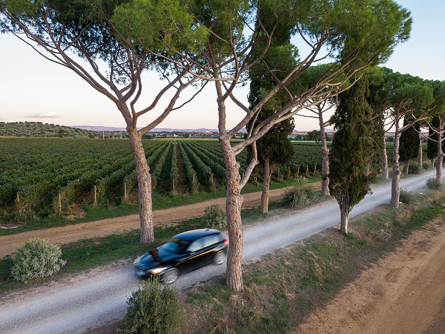 Black car driving on gravel road through vineyard landscape