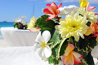 Tropical Wedding Flowers on Beach Table