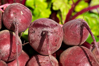 Fresh Red Beetroots With Green Leaves In Market
