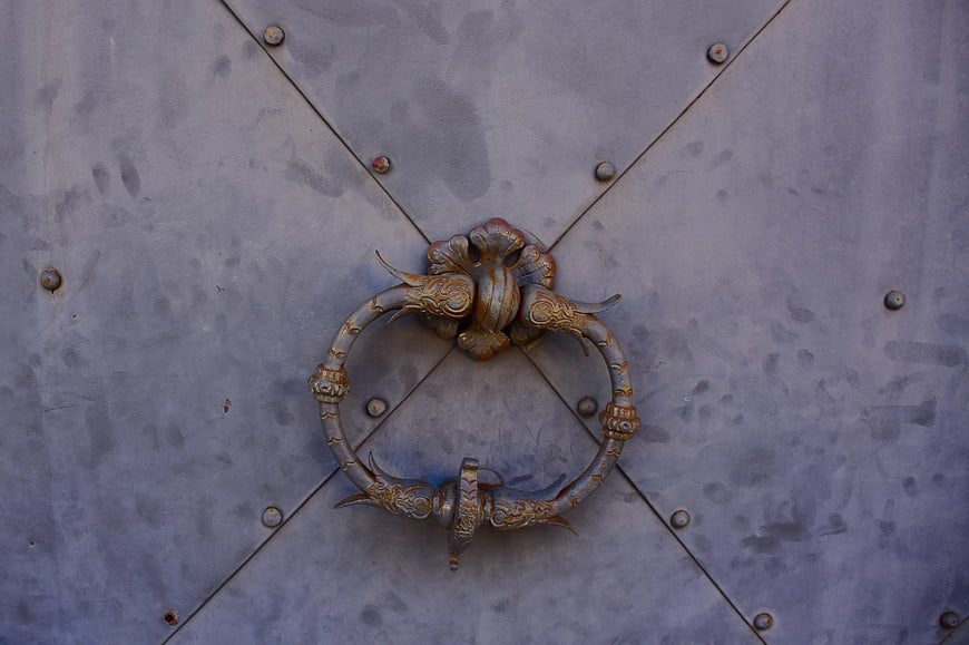 Ornate Bronze Door Knocker on Textured Metal Door