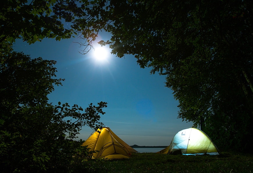 Camping Tents Under Bright Moonlight in Forest