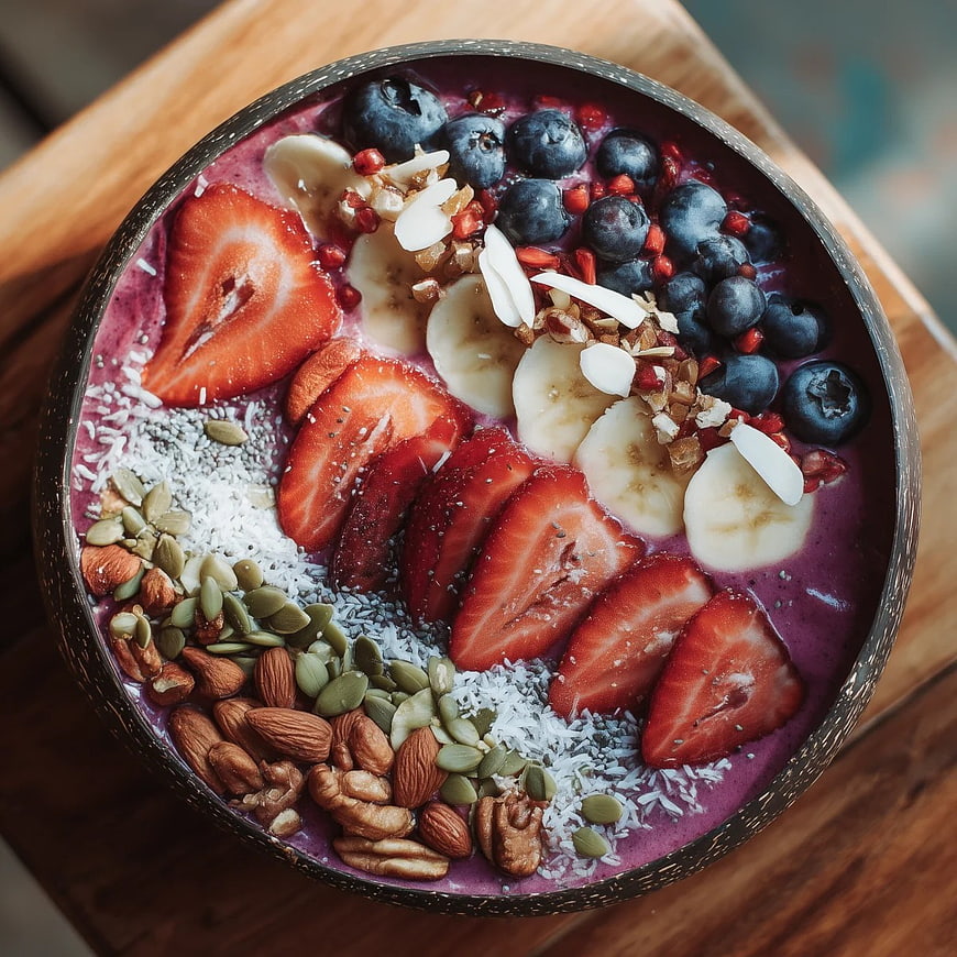 Overhead View of Colorful Berry Smoothie Bowl with Toppings