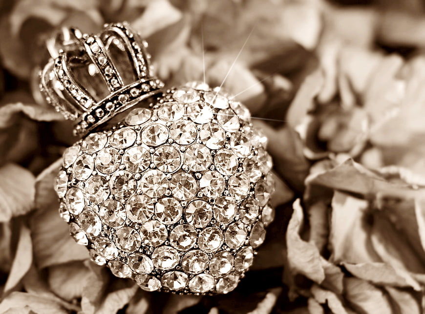 Vintage Rhinestone Heart with Crown on Dried Flowers