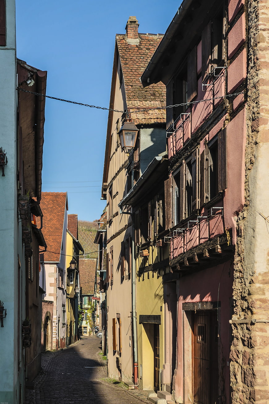 Narrow cobblestone alley in historic Alsace village with colorful half-timbered houses