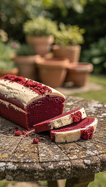 Sliced Red Velvet Loaf Cake on Stone Table