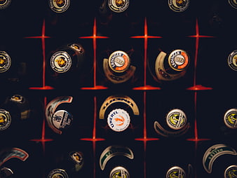 Top View of German Beer Bottles with Red Neon Lights