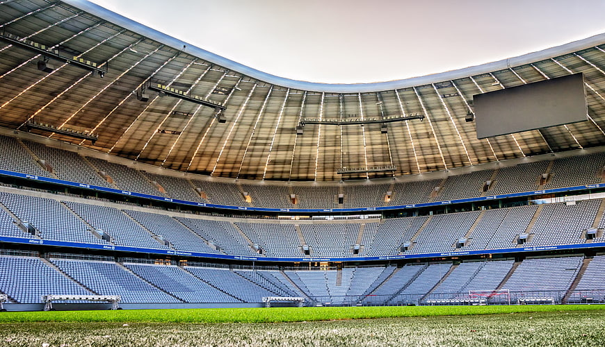 Wide angle view of empty Allianz Arena Munich stadium interior