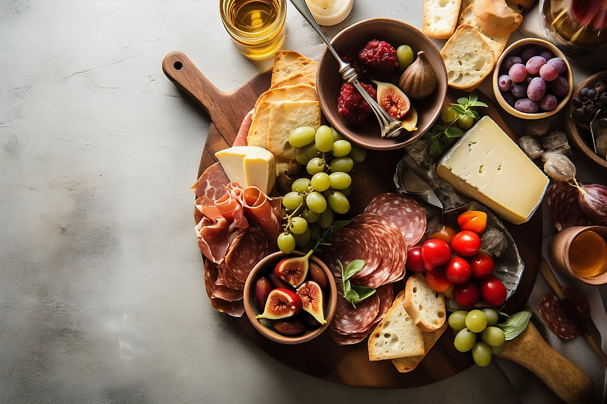 Overhead view of Mediterranean charcuterie board with cheese, meat, and fruit