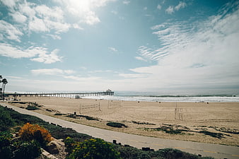 Huntington Beach Pier and Volleyball Courts on Sunny Day