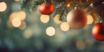 Christmas tree baubles with bokeh lights background