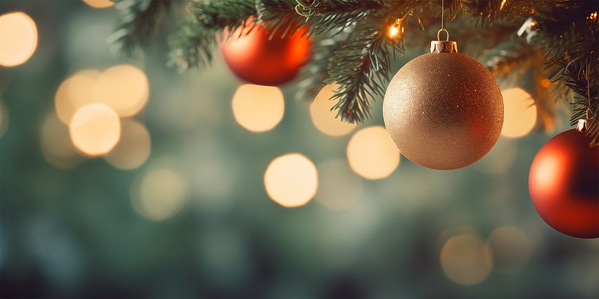 Christmas tree baubles with bokeh lights background