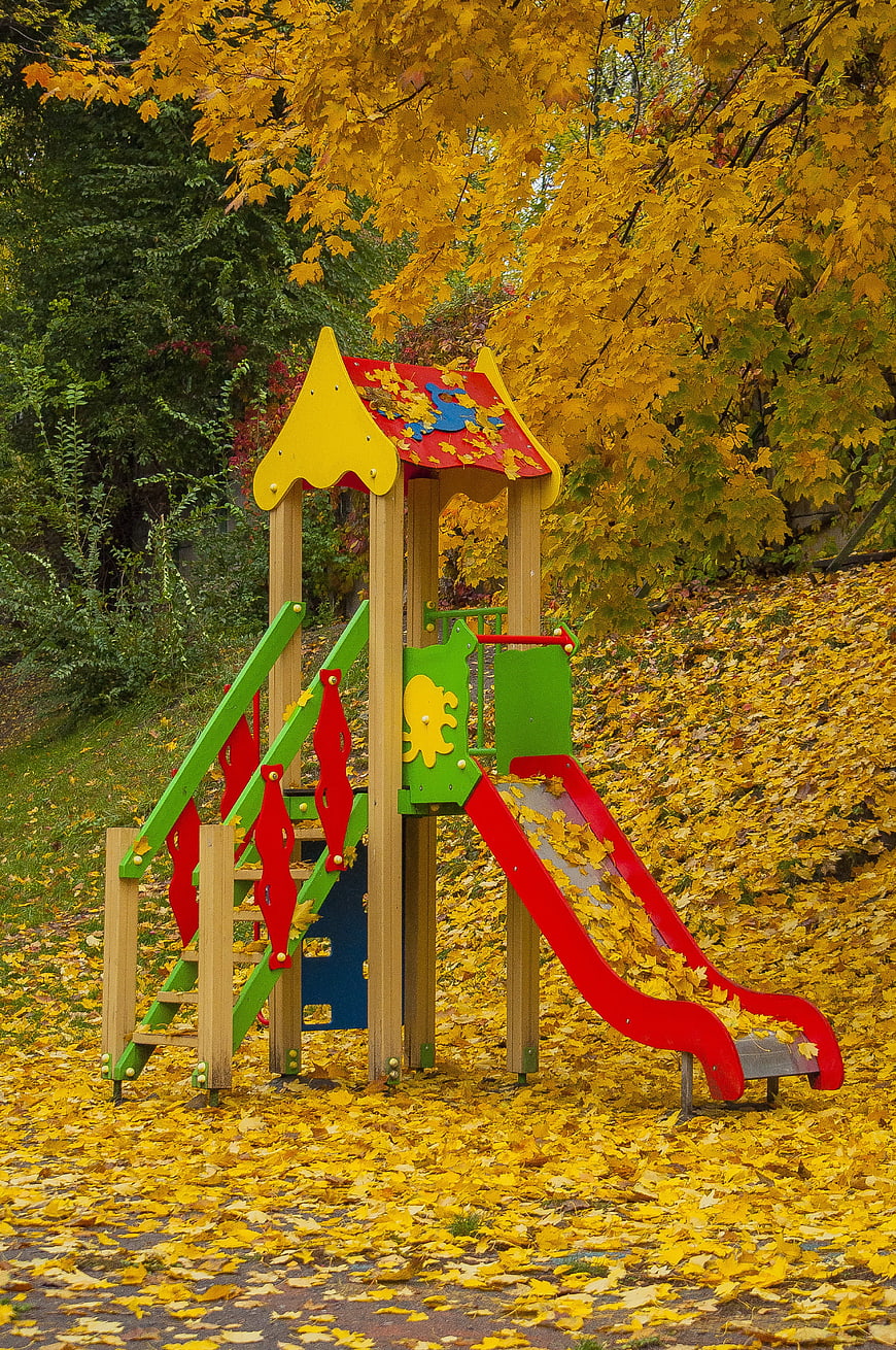 Colorful Wooden Playground Slide in Autumn Park