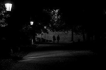 Silhouette of couple walking on dark park path at night
