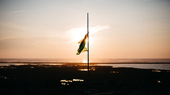 Silhouetted Flag on Beach at Sunset