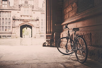 Vintage Bicycle Leaning Against Stone Wall in Historic Courtyard