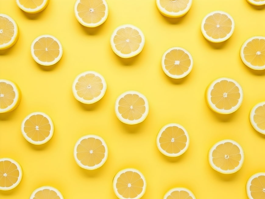 Top view of sliced lemons on a bright yellow background