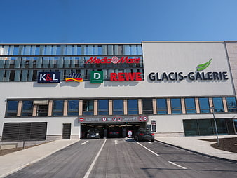 Glacis-Galerie Shopping Center Exterior with Parking Entrance