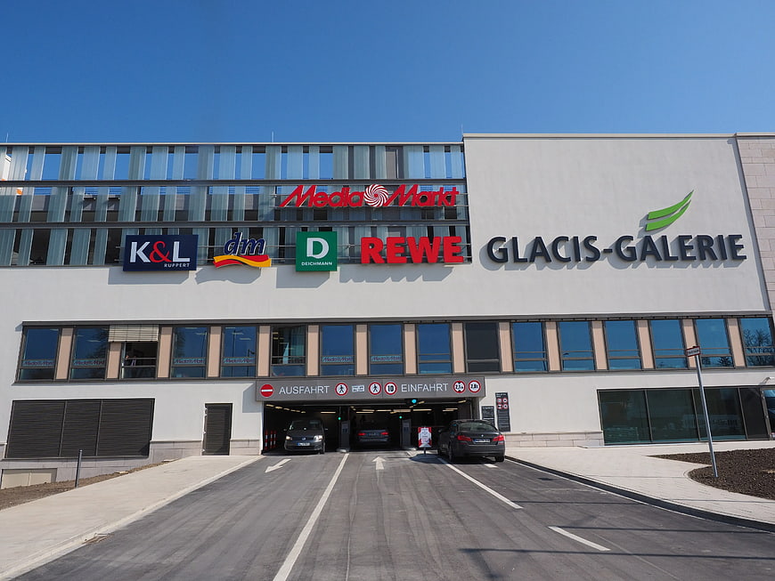 Glacis-Galerie Shopping Center Exterior with Parking Entrance