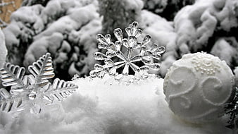 Crystal Snowflake Ornaments on Snowy Winter Background