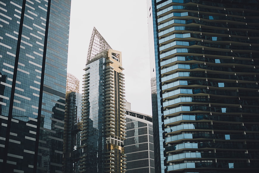 Modern Skyscrapers and Glass Architecture in Urban Cityscape