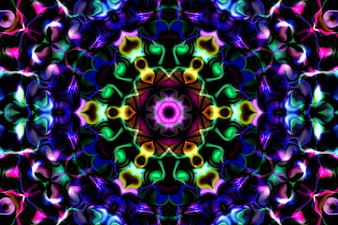 Vibrant neon kaleidoscope pattern with symmetrical geometric design