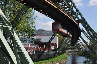Wuppertal Suspension Railway on Green Steel Bridge