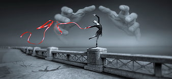 Surreal ballerina with red ribbon and giant hands