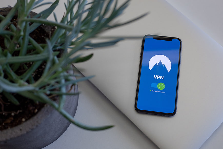 Smartphone displaying VPN app on laptop with plant