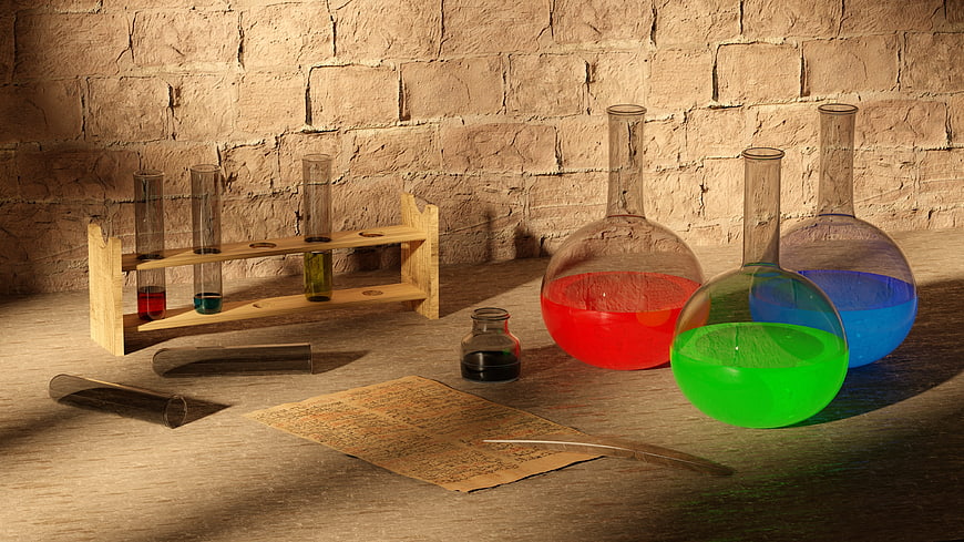 Antique Alchemy Laboratory Setup With Colorful Chemicals And Parchment