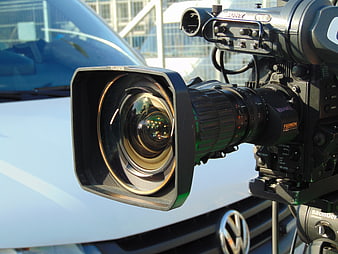 Close-up of professional broadcast video camera lens