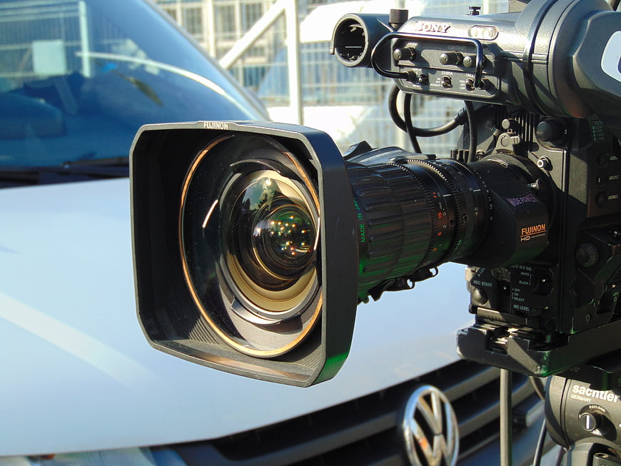 Close-up of professional broadcast video camera lens