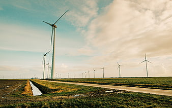 Wind Turbines in Green Field with Road and Blue Sky