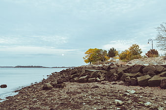 Rocky shoreline with autumn trees and calm water