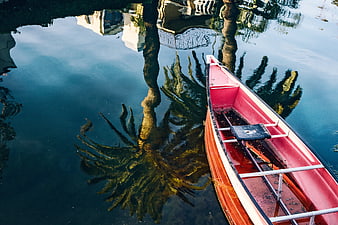Red boat on calm water with palm tree reflection
