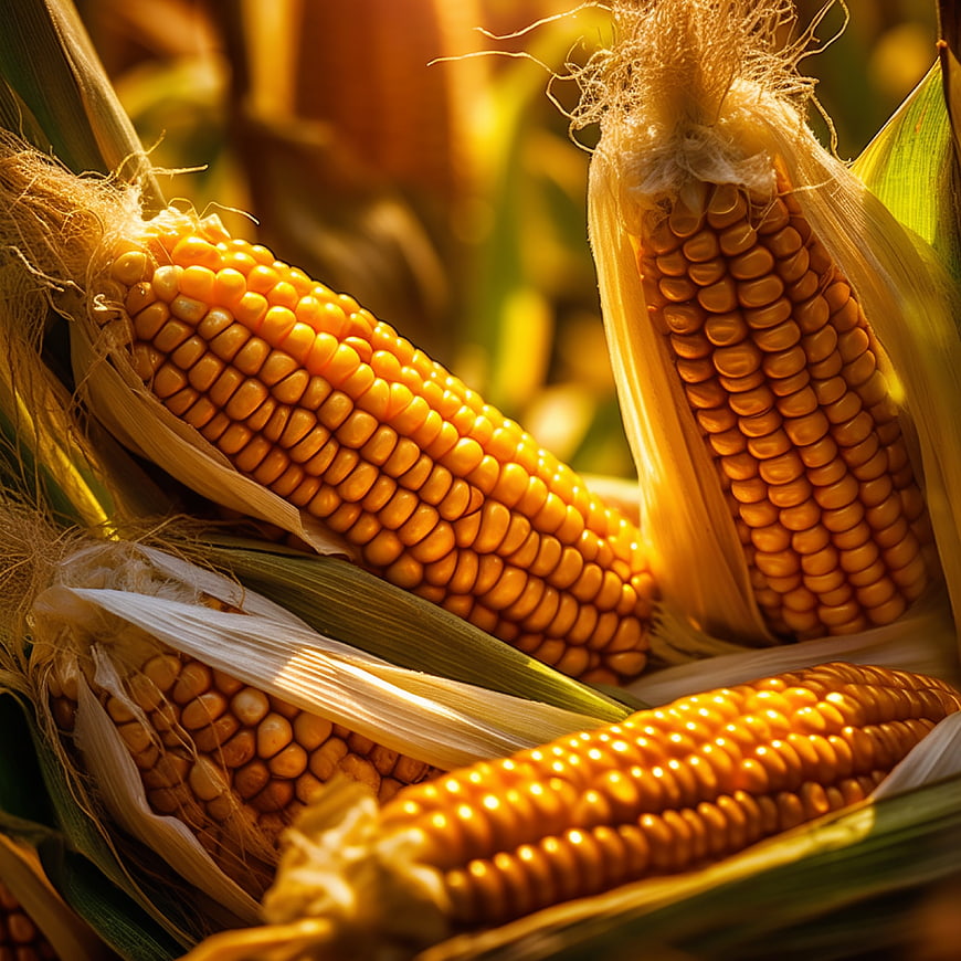 Golden Harvested Corn Cobs Close-Up in Sunlight