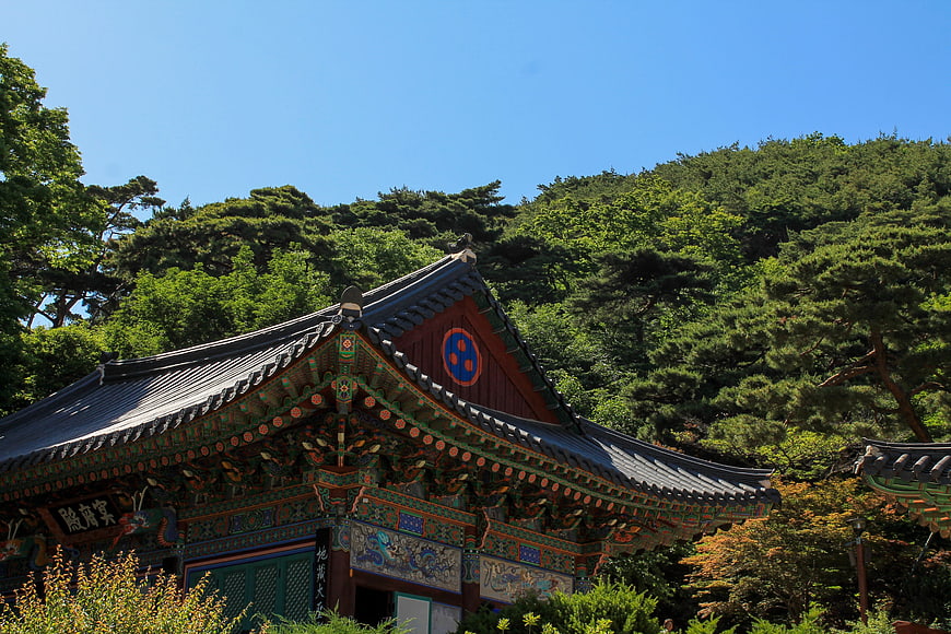 Traditional Korean Temple Roof with Intricate Painted Details