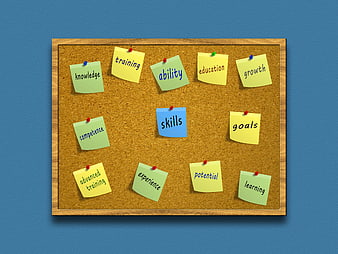 Corkboard with sticky notes on skills, training, and professional growth