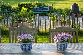 Rustic Garden Patio with Flower Pots and Vegetable Patch