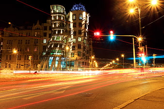 Long Exposure Night Traffic at Dancing House Prague