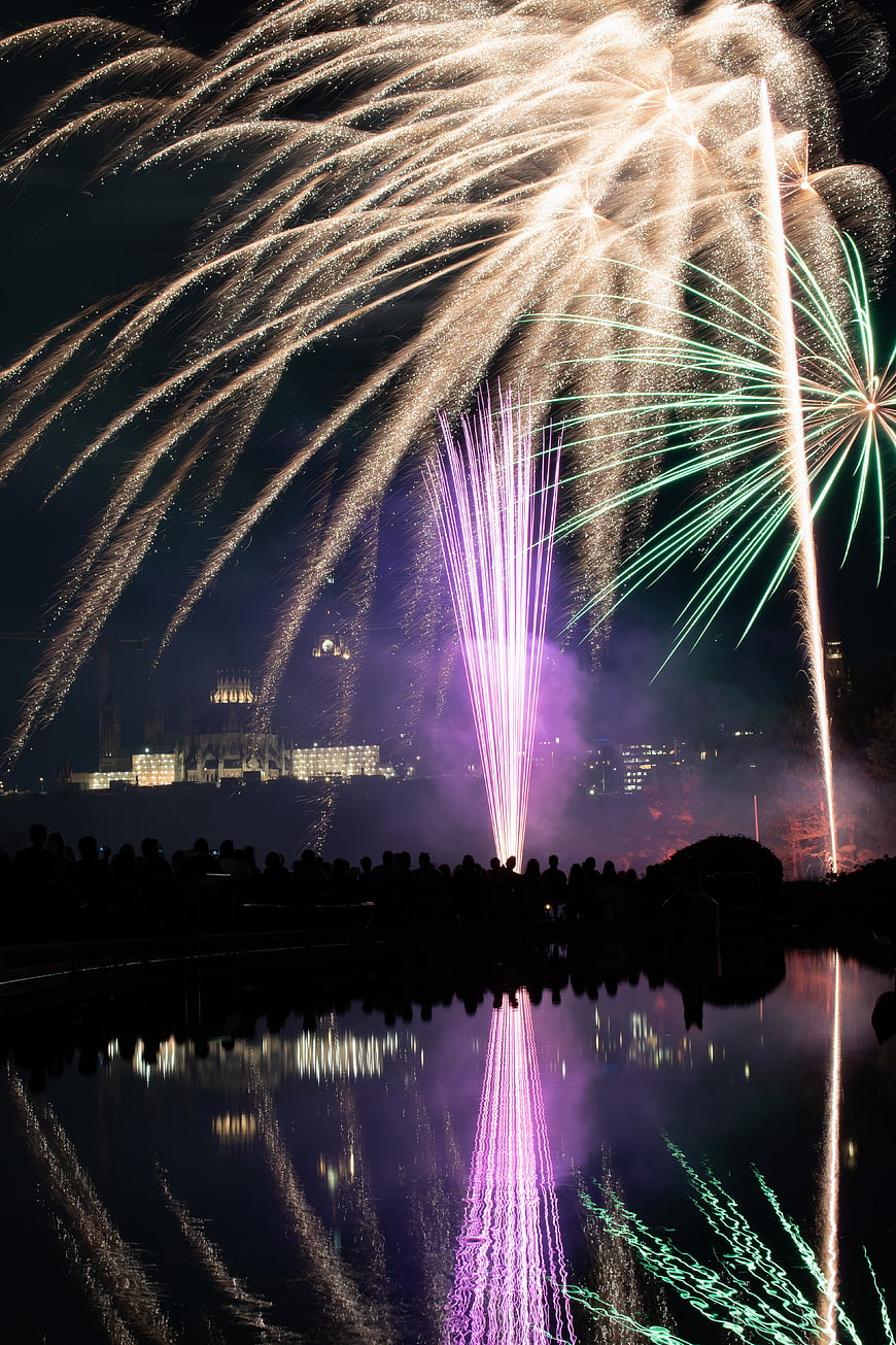 Colorful fireworks exploding over city skyline with water reflection